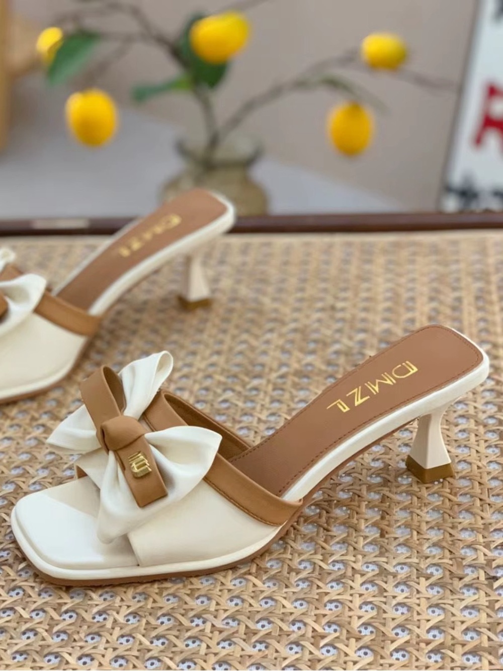 Cream and Tan Bow Kitten Heel Slide